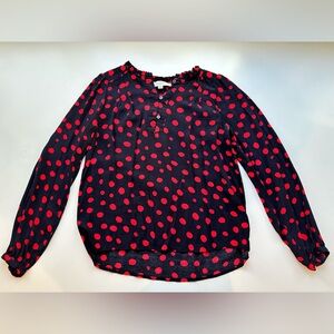 LOFT navy and red spotted, half button blouse. Size S.